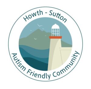 lighthouse with island background graphic autism community logo